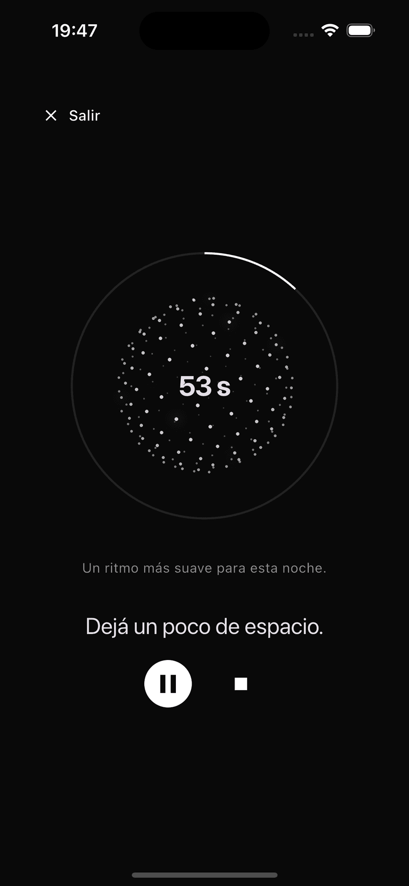 Sesión en curso: la esfera acompaña la respiración y el tiempo restante.